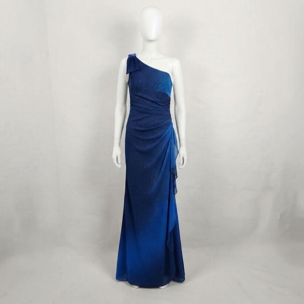 Betsy&Adams Blue Ombre One-Shoulder Evening Dress Glitter Sparkle Formal Gown 8